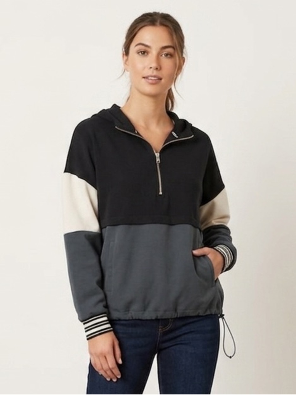 Avia Colorblock Half-Zip Hoodie Pullover, Black, Gray & Cream, Size Small 4-6